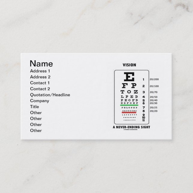Vision A Never-Ending Sight (Snellen Chart) Business Card (Front)