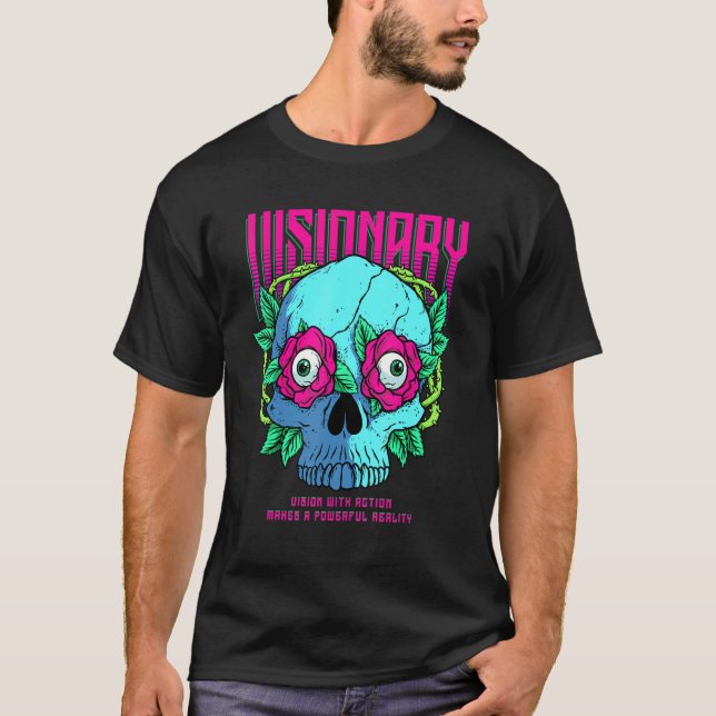 Visionary Gothic Red Rose and Skull Head Motivatio T-Shirt (Front)