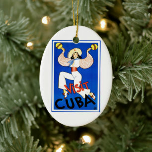Visit Havana, Cuba, Vintage Travel Poster Maracas Ceramic Ornament