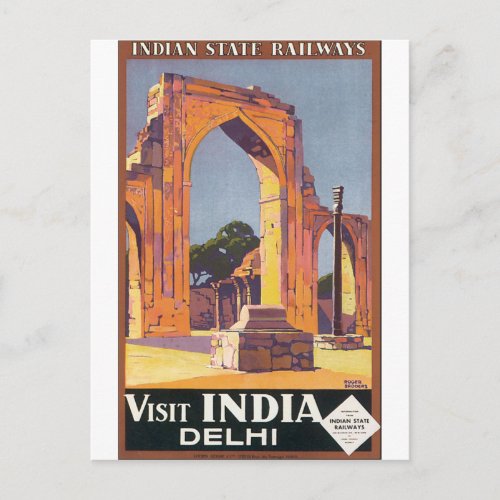 Visit India Delhi Vintage Travel Poster Postcard