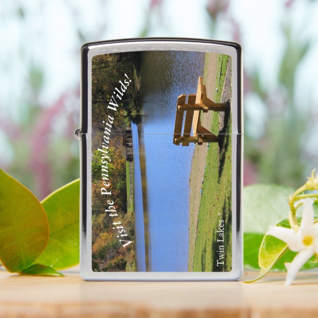 Visit PA Wilds Picturesque Souvenir Twin Lakes ANF Zippo Lighter (On Table)