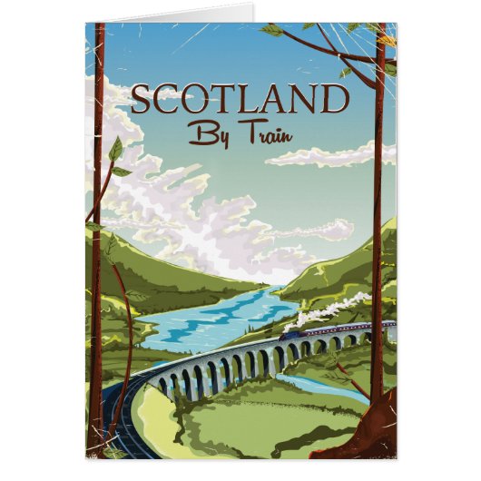 Visit Scotland by train vintage travel poster. (Front)