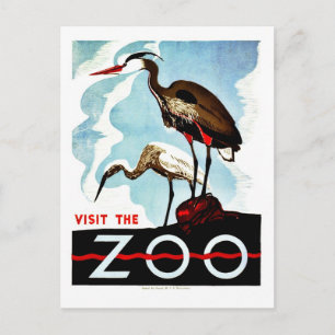 Visit the Zoo, herons, vintage retro WPA Postcard