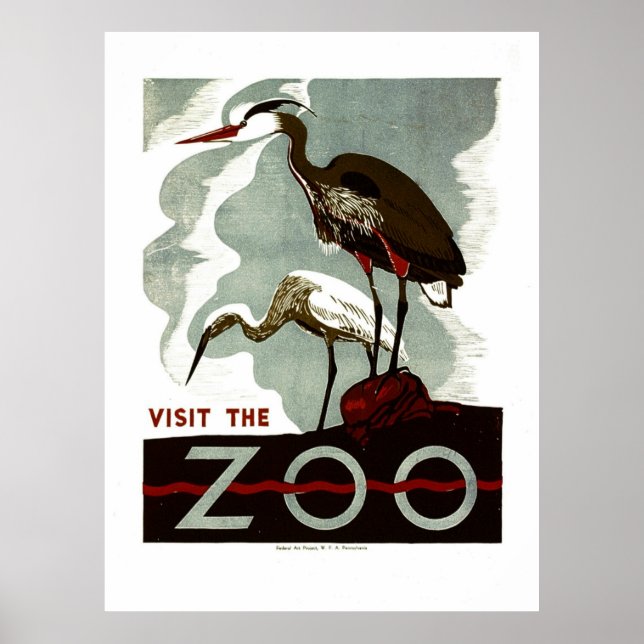 Visit the Zoo - WPA Poster with herons or cranes (Front)