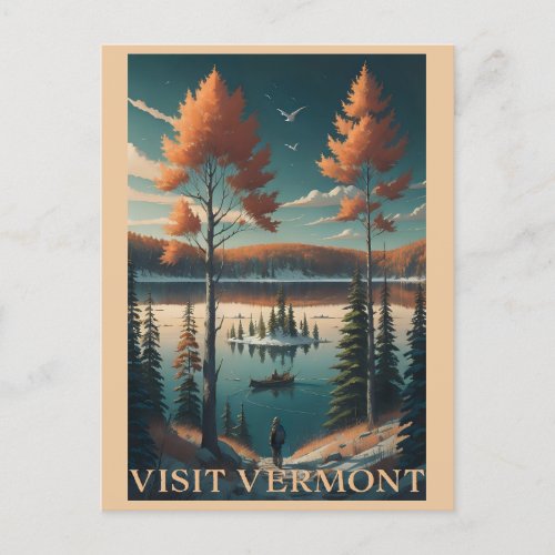 Visit Vermont Fall Winter Illustration Travel Postcard