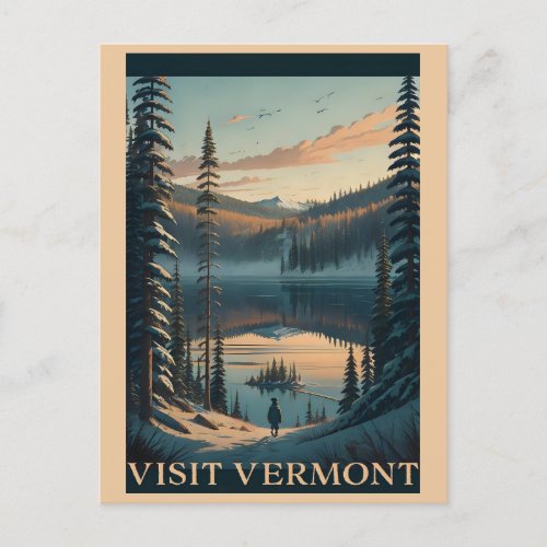 Visit Vermont Winter Snow Illustration Travel Postcard