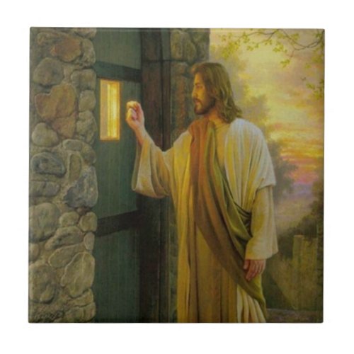 Visitation at Dawn Jesus Knocking on a Rustic Door Ceramic Tile