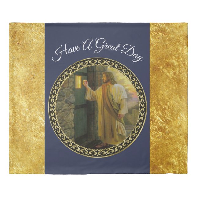 Visitation at Dawn Jesus Knocking on a Rustic Door Duvet Cover (Front)