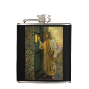 Visitation at Dawn Jesus Knocking on a Rustic Door Hip Flask