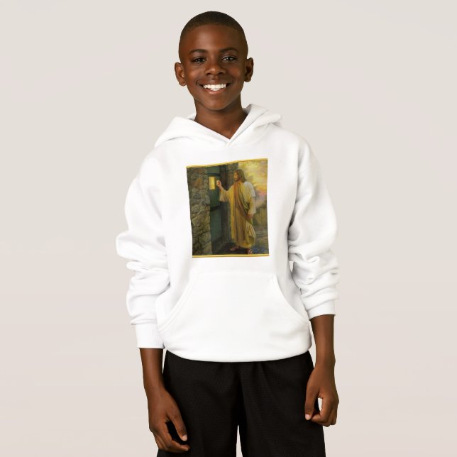 Visitation at Dawn Jesus Knocking on a Rustic Door Hoodie (Front Full)