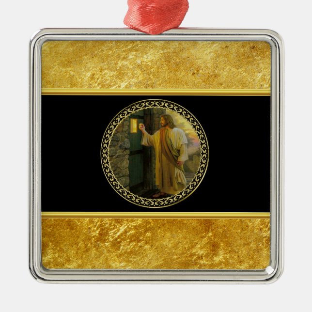 Visitation at Dawn Jesus Knocking on a Rustic Door Metal Ornament (Front)