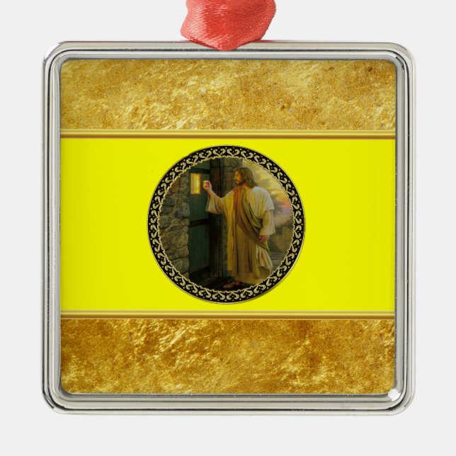 Visitation at Dawn Jesus Knocking on a Rustic Door Metal Ornament (Front)