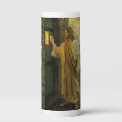 Visitation at Dawn Jesus Knocking on a Rustic Door Pillar Candle