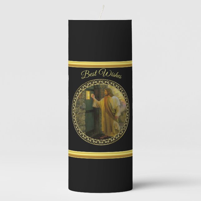 Visitation at Dawn Jesus Knocking on a Rustic Door Pillar Candle (Front)