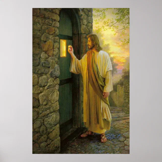 Visitation at Dawn Jesus Knocking on a Rustic Door Poster | Zazzle