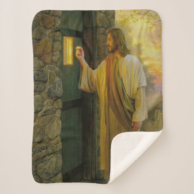 Visitation at Dawn Jesus Knocking on a Rustic Door Sherpa Blanket (Front)