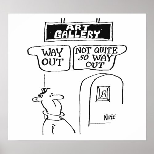 Visitor is bemused by signs in an art gallery