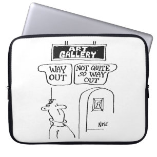 Visitor is bemused by signs in an art gallery laptop sleeve