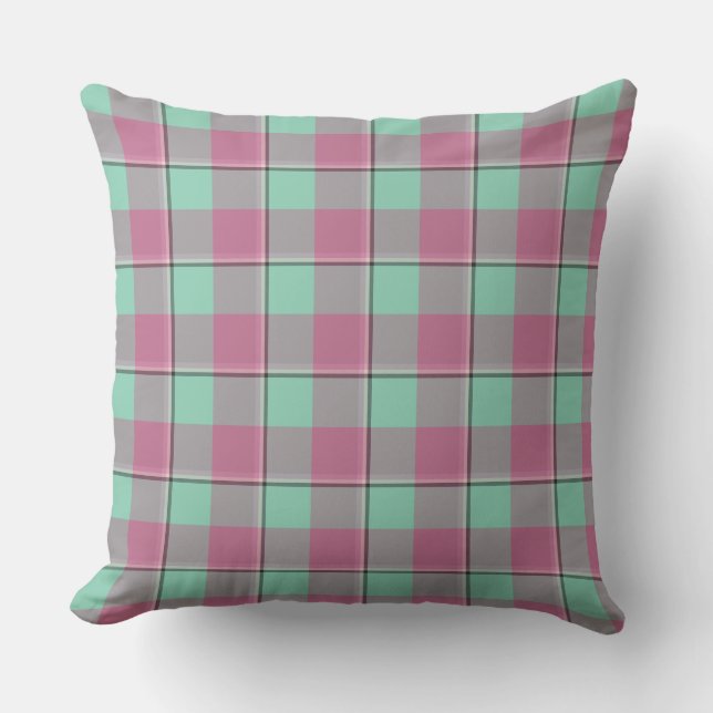 Vista Blue and Turkish Rose Pink Plaid Green Throw Pillow (Front)