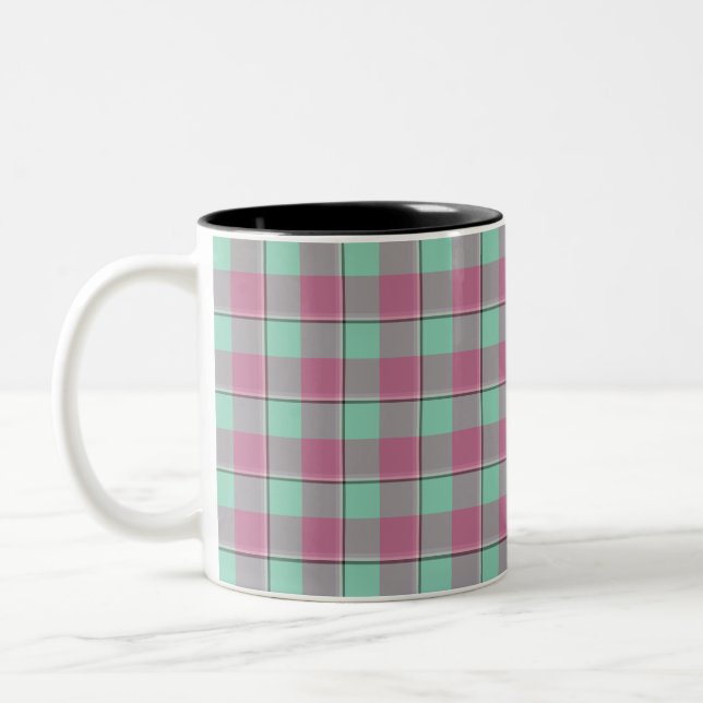Vista Blue and Turkish Rose Pink Plaid Two-Tone Coffee Mug (Left)
