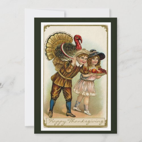 Vitage Retro Thanksgiving Boy Girl and Turkey Holiday Card