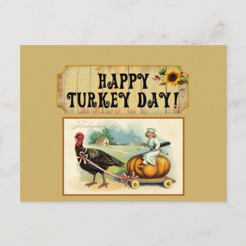 Vitage Turkey Thanksgiving Sunflower Greetings Holiday Postcard