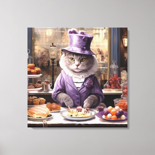 Vitas Whimsical Art _ Cat in Bakery Purple Canvas Print