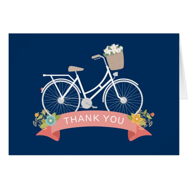 Vitnage Bicycle Floral Navy Blue Coral Thank You Card