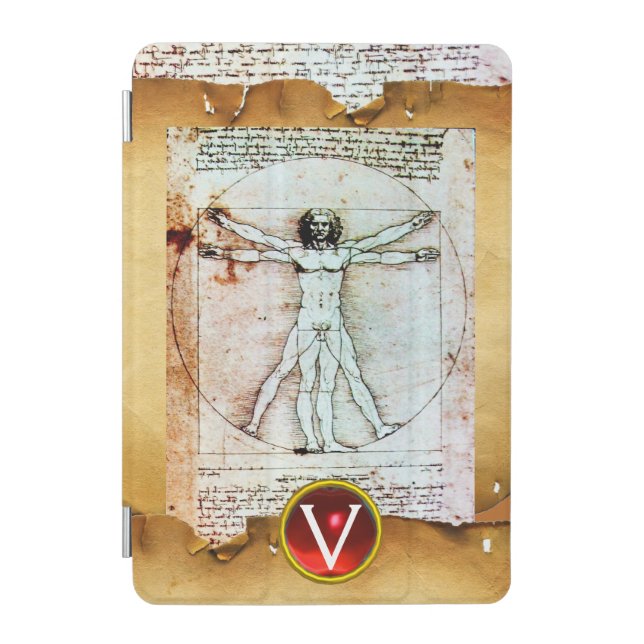 VITRUVIAN MAN Antique Parchment Red Gem Monogram iPad Mini Cover (Front)