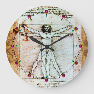 VITRUVIAN MAN Antique Parchment Red Ruby Gemstones Large Clock