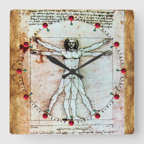 VITRUVIAN MAN Antique Parchment Red Ruby Gemstones Square Wall Clock