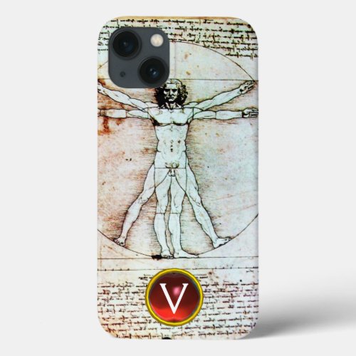 VITRUVIAN MAN Antique Parchment Red Ruby Monogram iPhone 13 Case