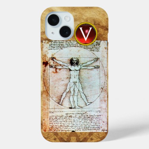 VITRUVIAN MAN Antique Parchment Red Ruby Monogram iPhone 15 Case