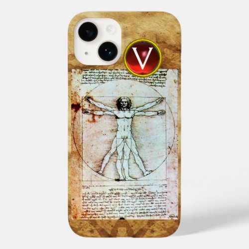 VITRUVIAN MAN Antique Parchment Red Ruby Monogram Case_Mate iPhone 14 Case