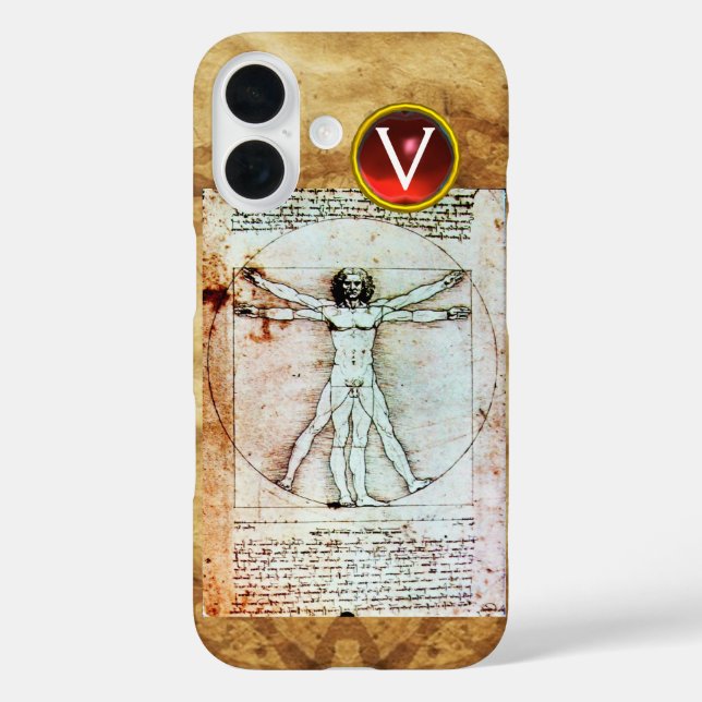 VITRUVIAN MAN Antique Parchment Red Ruby Monogram Case-Mate iPhone Case (Back)