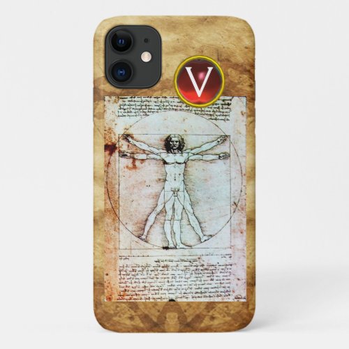 VITRUVIAN MAN Antique Parchment Red Ruby Monogram iPhone 11 Case