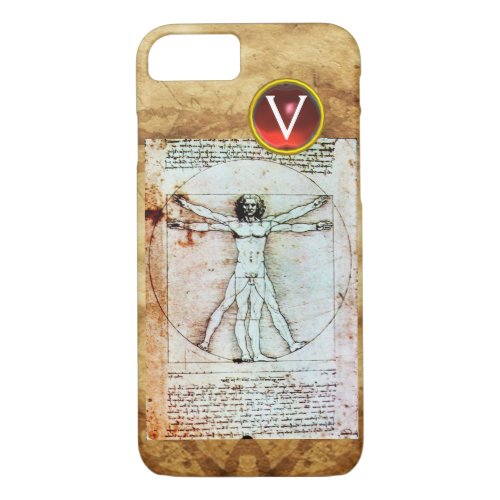 VITRUVIAN MAN Antique Parchment Red Ruby Monogram iPhone 87 Case