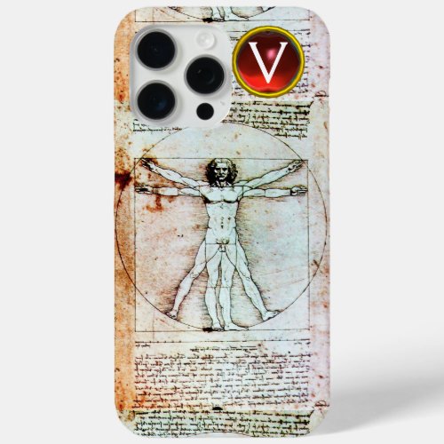 VITRUVIAN MAN Antique Parchment Red Ruby Monogram  iPhone 15 Pro Max Case