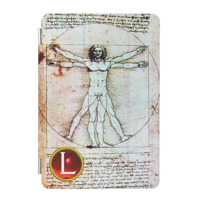 VITRUVIAN MAN Antique Parchment Red Ruby Monogram iPad Mini Cover (Front)