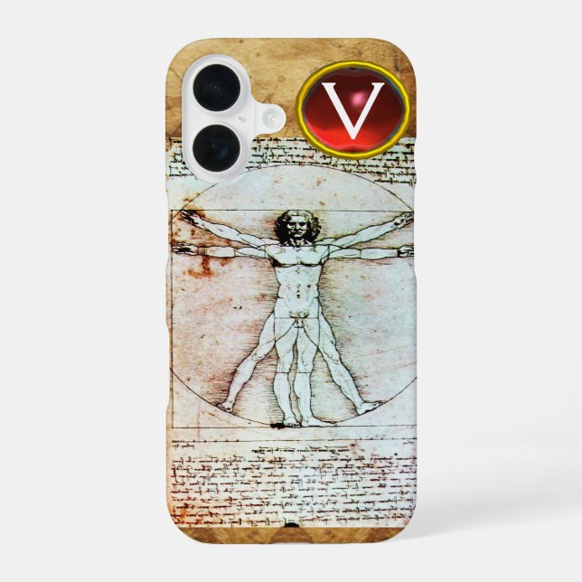 VITRUVIAN MAN Antique Parchment Red Ruby Monogram Iphone Case (Back)
