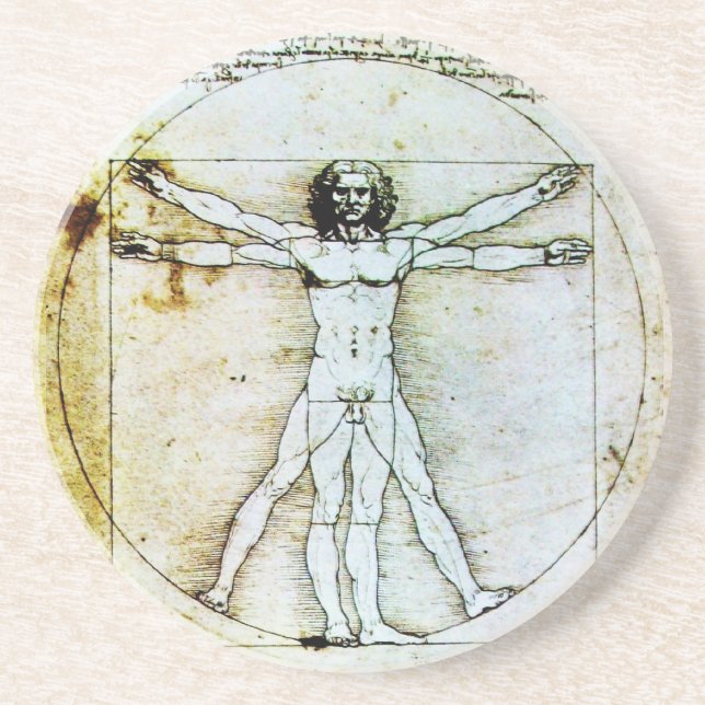 VITRUVIAN MAN Antique Parchment Sandstone Coaster (Front)