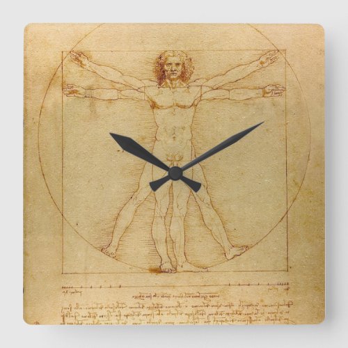 Vitruvian Man by Leonardo Da Vinci Square Wall Clock