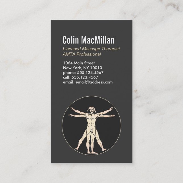 Vitruvian Man Sports Massage Therapist 2 Business Card (Front)