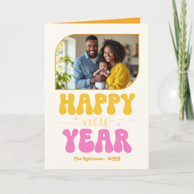 Viva Celebration Happy New Year Retro Groovy Photo Holiday Card (Front)