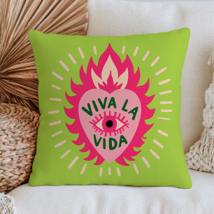 Viva La Vida Pink Evil Eye Heart in Flames Green  Throw Pillow