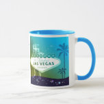 Viva Las Vegas Cyan Blue Wedding Gift Mug<br><div class="desc">Glamorous Las Vegas strip sign, palm tree silhouettes, glittering little stars and cyan blue background illustrated on custom Mugs. All the sample text can be fully personalized with your own wording. Feel free to change the colors, fonts & sizes of the text as well. ((Contact ujean4791@gmail.com for custom work and/or...</div>