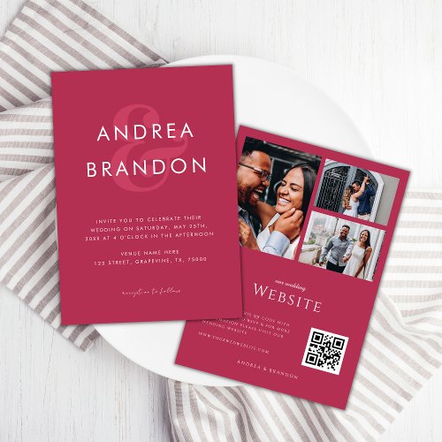 Viva Magenta Ampersand 3 Collage Photo Wedding Invitation