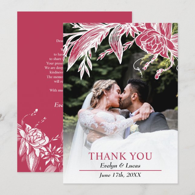 Viva magenta and white flowers wedding photo  thank you card (Front/Back)