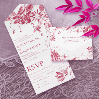 Viva magenta and white line art flowers wedding all in one invitation