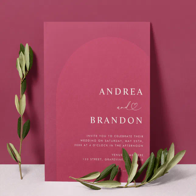 Viva Magenta Arch Heart Script All in One Wedding Invitation | Zazzle
